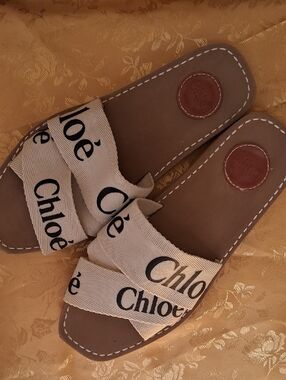 Chloé Beige Logo Canvas Slide Sandals 10 /10.5